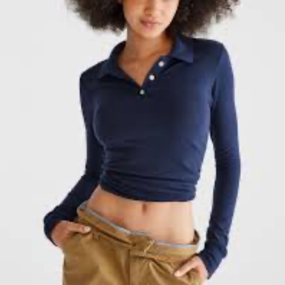 Ardene Tops - ARDENE | Navy blue polo longsleeve cropped